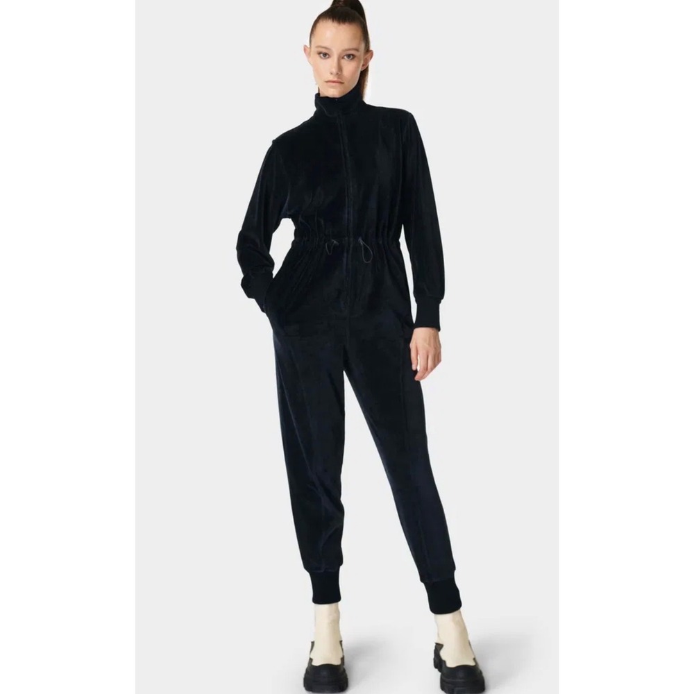 Sweaty Betty Retake Velour Jumpsuit Navy Blue Women's Medium Mock Neck Zip Front